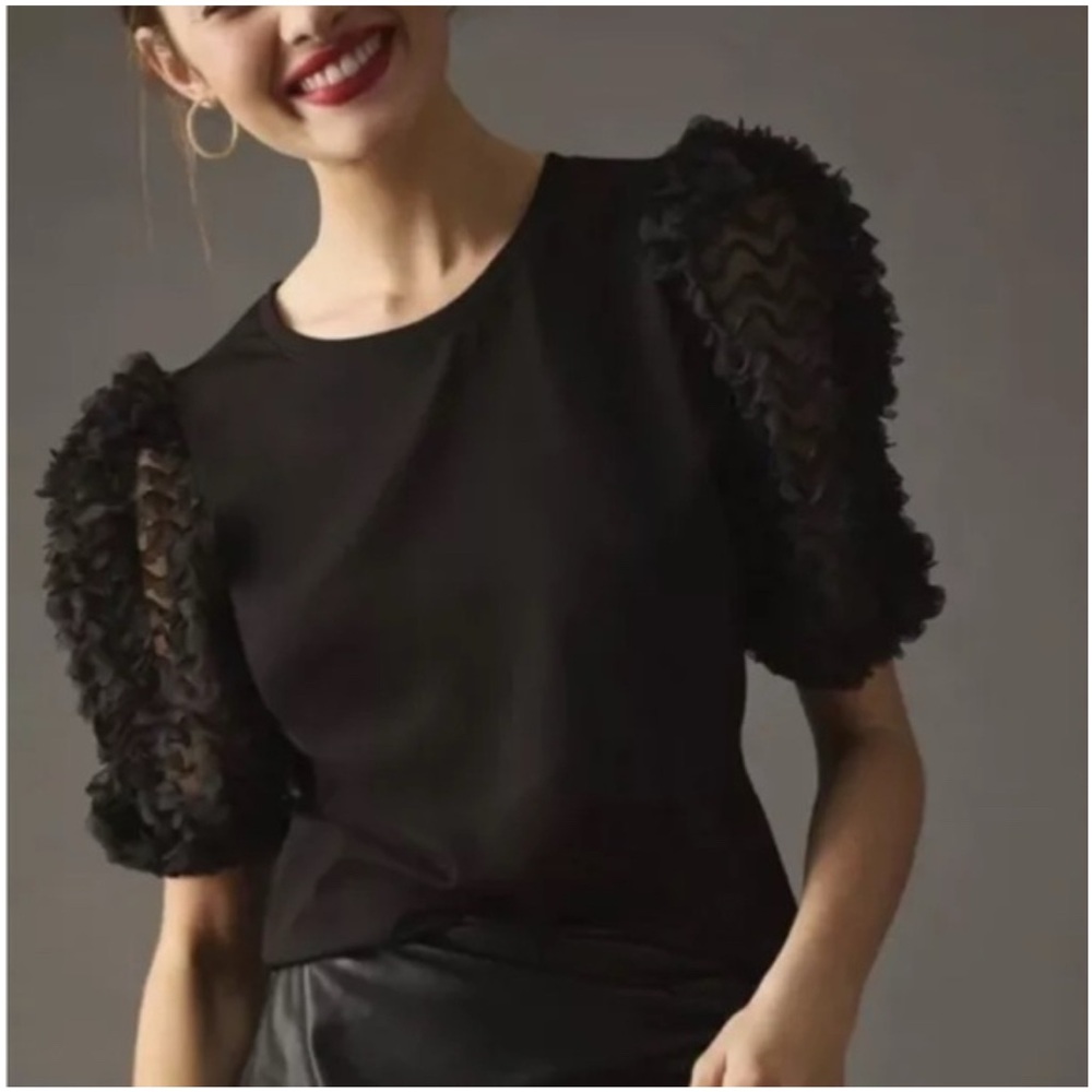 Anthropologie Elegant Black Textured Sleeve Top